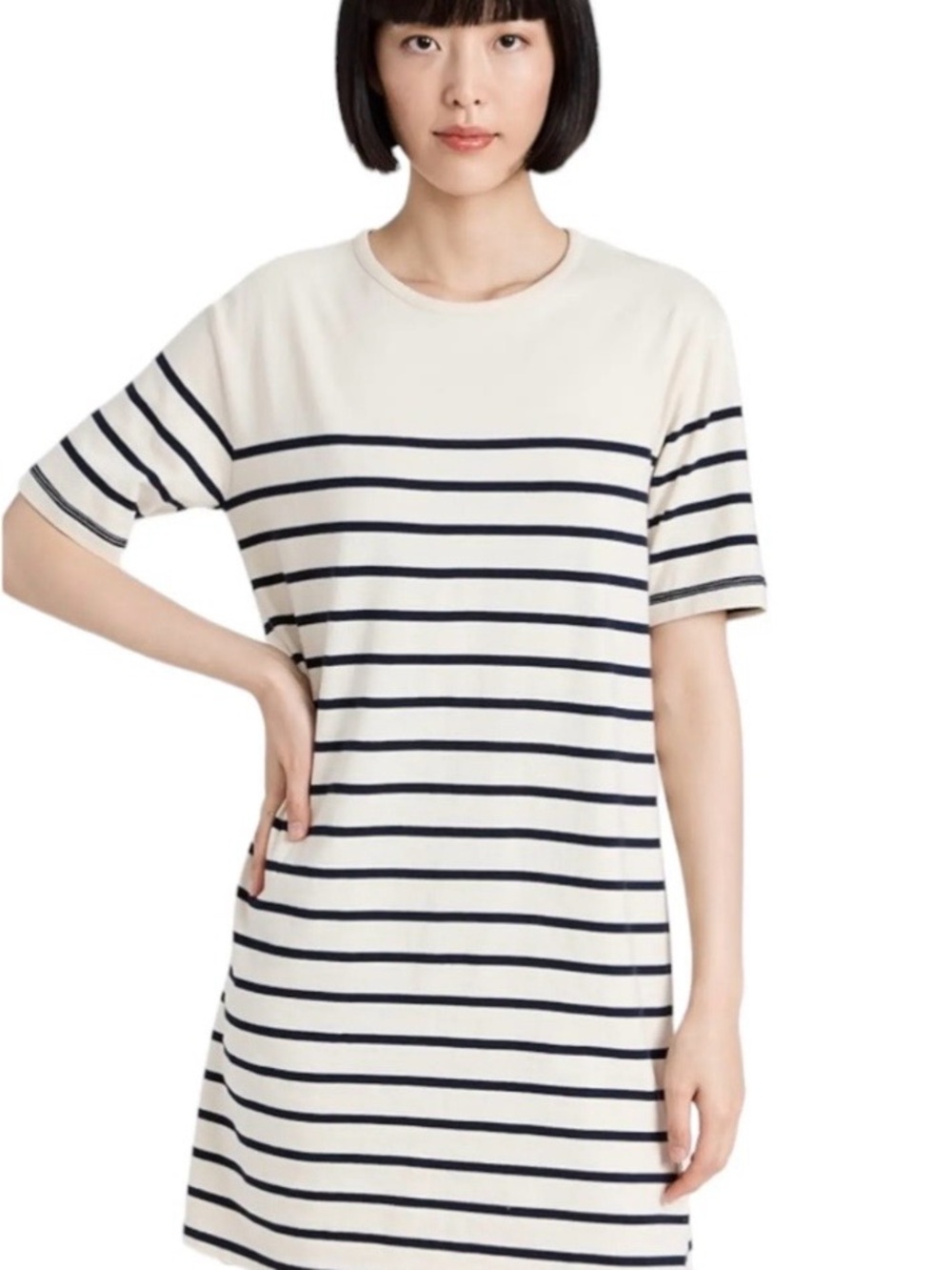 Faherty T-Shirt Dress Crew Neck Striped Print 100% Cotton Cream Black Size Small